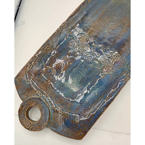 Handmade Raku-Style Ceramic Platter — Iridescent Blue & Copper Swirl Pattern - Picture 2 of 12